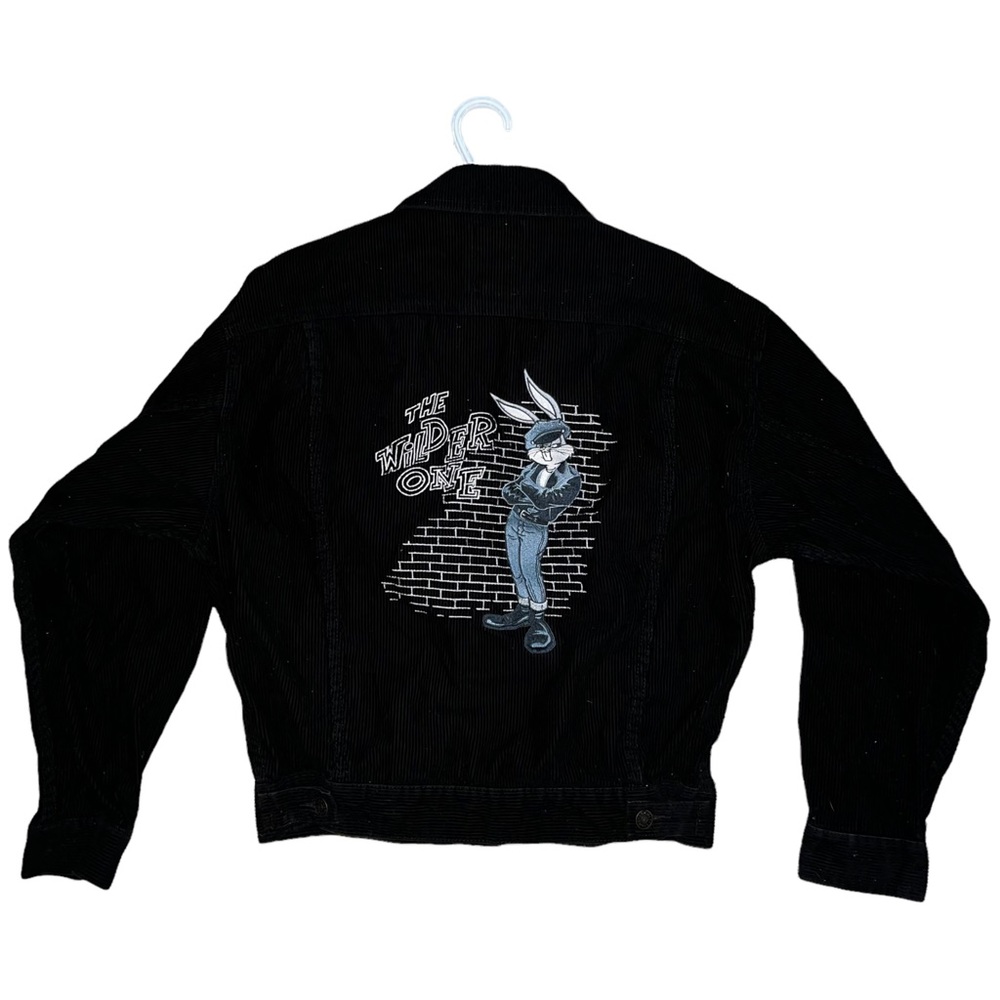 Vintage 90s Looney Tunes Black Corduroy Jacket Bugs Bunny Wilder One Size Small